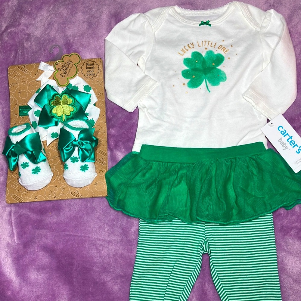3m St.Patrick’s Day SET Tutu Legging Outfit w/ Headband & Booties Clover NEW